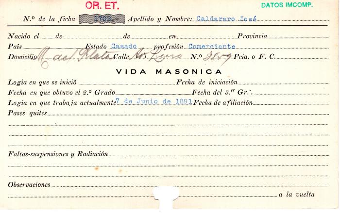 Ficha de miembro de José Caldararo.