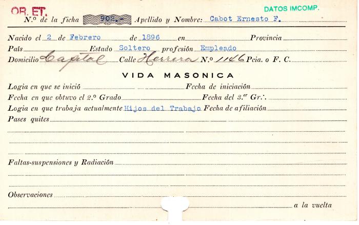 Ficha de miembro de Ernesto F. Cabot.