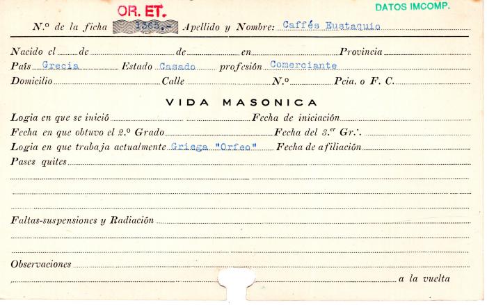 Ficha de miembro de Eustaquio Caffés.