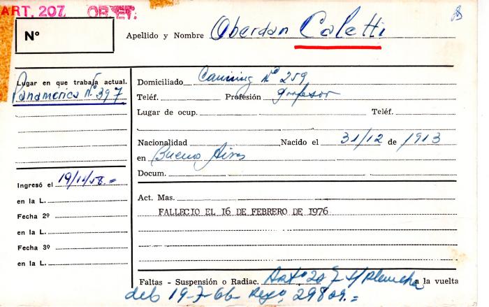 Ficha de miembro de Oberdan Caletti.