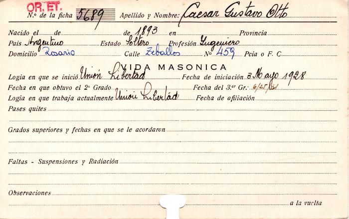 Ficha de miembro de Gustavo Otto Caesar.