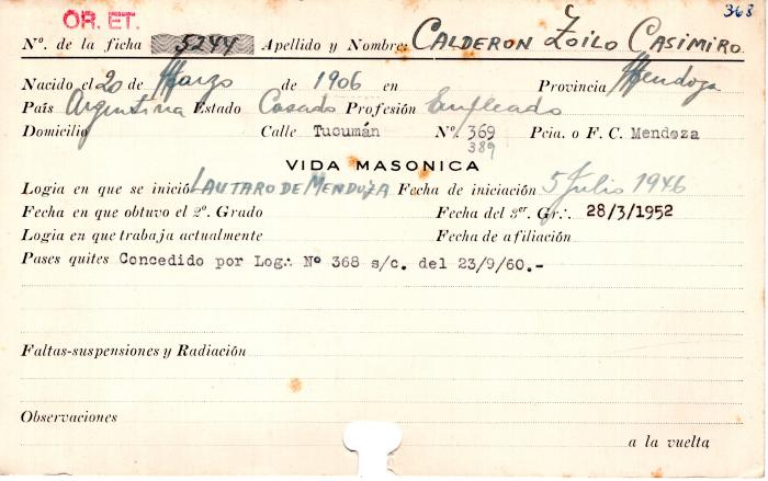 Ficha de miembro de Zoilo  Casimiro Calderon.