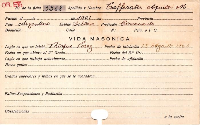 Ficha de miembro de Aquiles M. Cafferata.