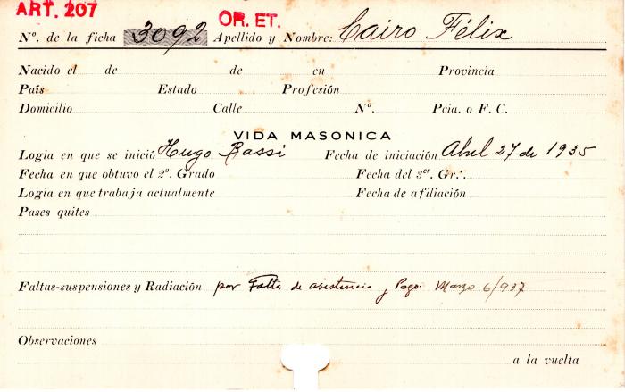 Ficha de miembro de Félix Cairo.