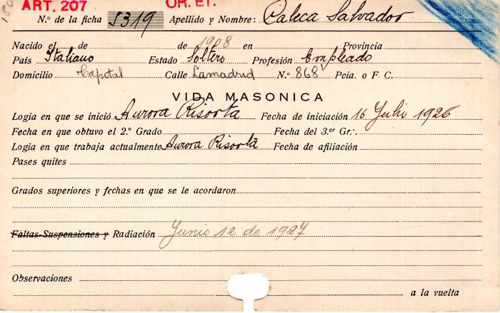 Ficha de miembro de Salvador Caleca.