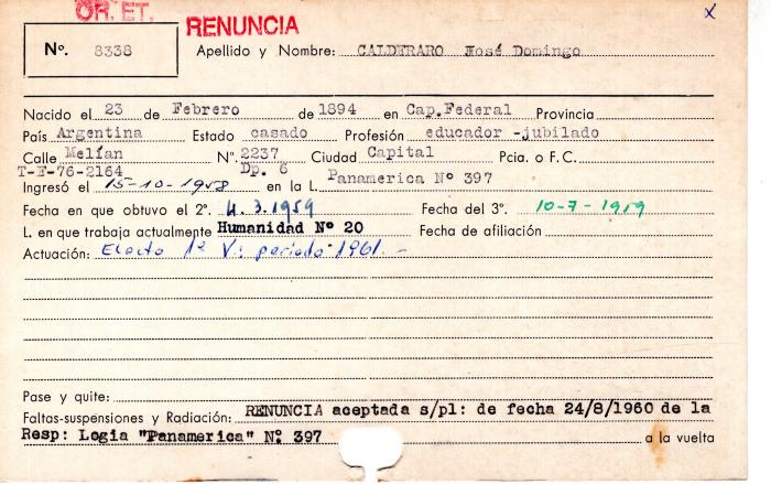 Ficha de miembro de José Domingo Calderaro.