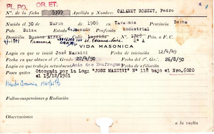 Ficha de miembro de Pedro Calamet Rosset.