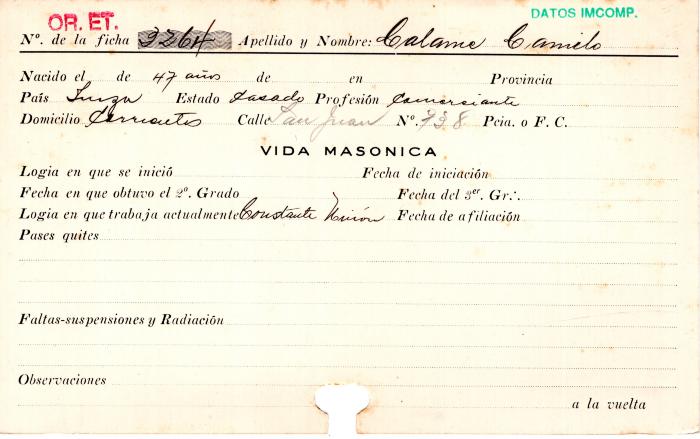 Ficha de miembro de Camilo Calame.