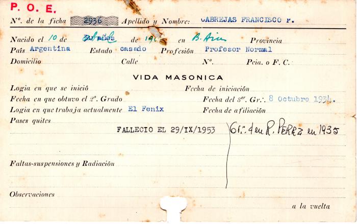 Ficha de miembro de Francisco P. Cabrejas.