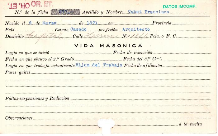 Ficha de miembro de Francisco Cabot.