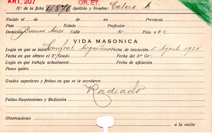Ficha de miembro de A. Calero.