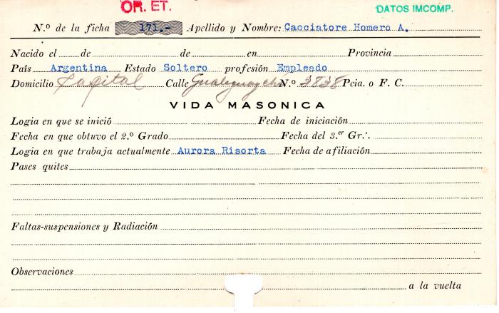 Ficha de miembro de Homero A. Cacciatore.
