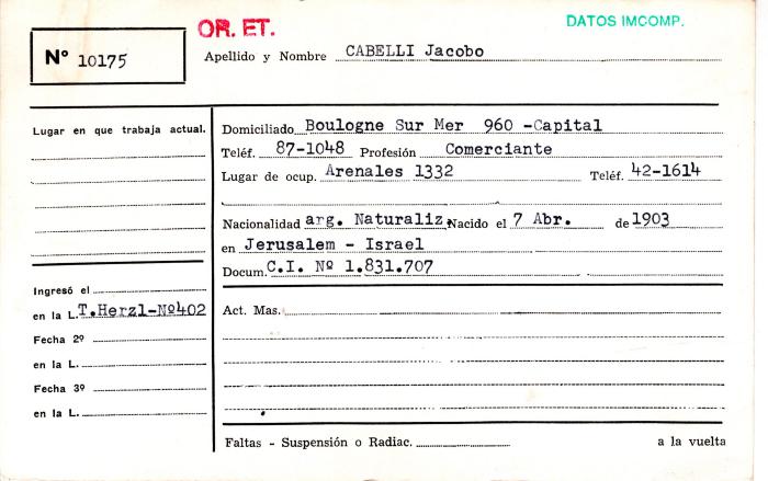Ficha de miembro de Jacobo Cabelli.