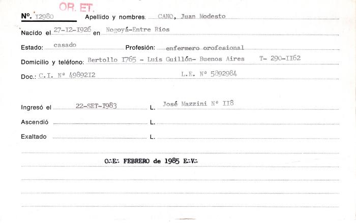 Ficha de miembro de Juan Modesto Cano.