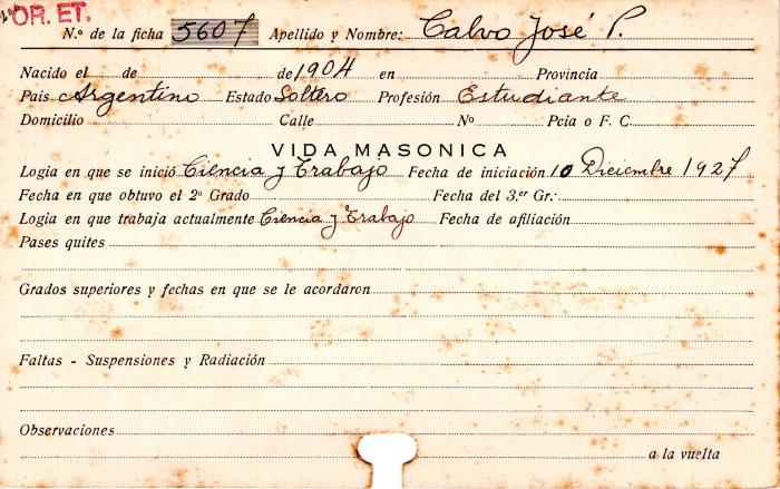Ficha de miembro de José P. Calvo.
