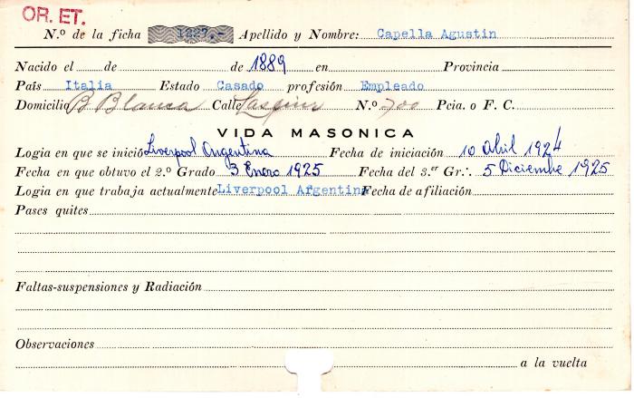 Ficha de miembro de Agustín Capella.