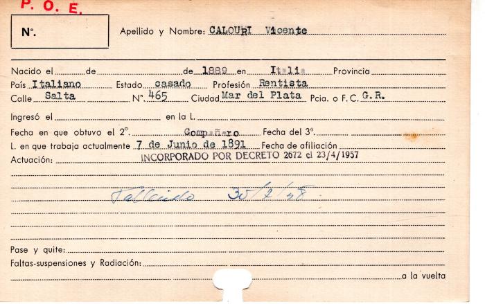 Ficha de miembro de Vicente Calouri.