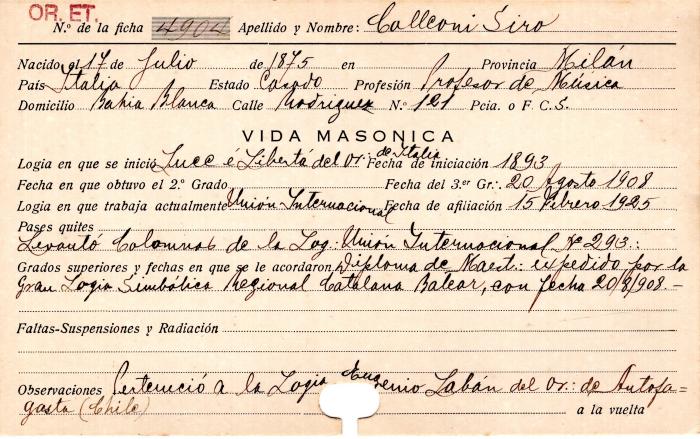 Ficha de miembro de Siro Callconi.
