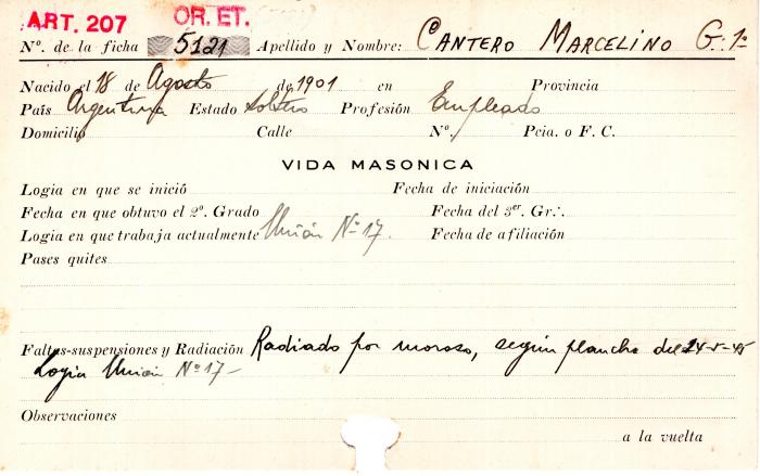 Ficha de miembro de Marcelino Cantero.
