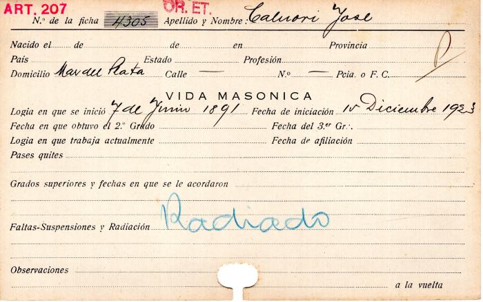 Ficha de miembro de José Caluori.