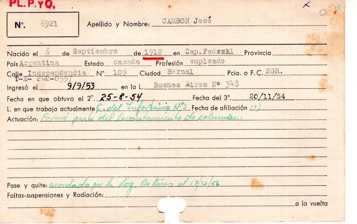 Ficha de miembro de José Cambon.