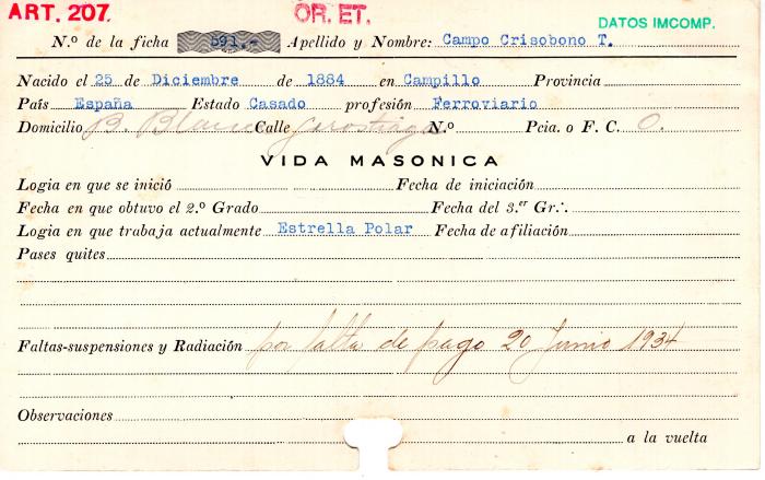 Ficha de miembro de Crisobono T. Campo.