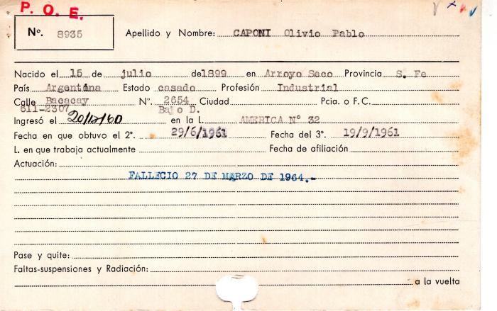 Ficha de miembro de Olivio Pablo Caponi.