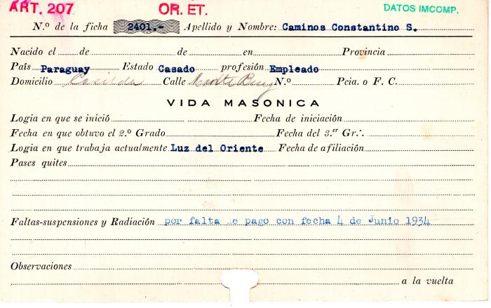 Ficha de miembro de Constantino S. Caminos.