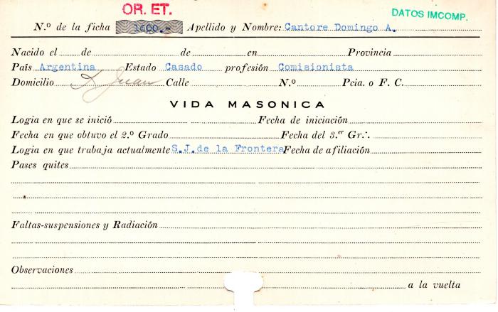 Ficha de miembro de Domingo A. Cantore.