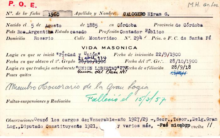Ficha de miembro de Hiram G. Calogero.