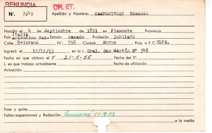 Ficha de miembro de Edmundo Campominosi.