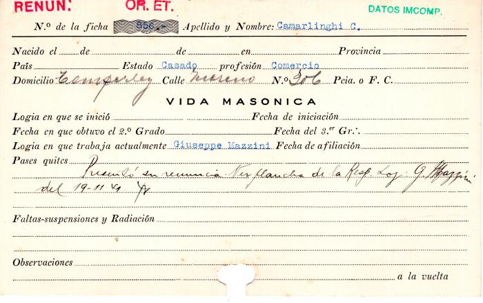 Ficha de miembro de C. Camarlinghi.