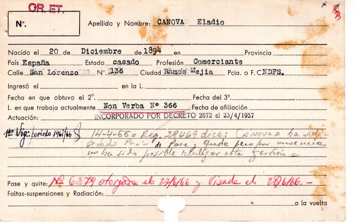 Ficha de miembro de Eladio Canova.