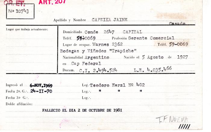 Ficha de miembro de Jaime Capeika.