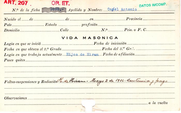 Ficha de miembro de Antonio Capel.