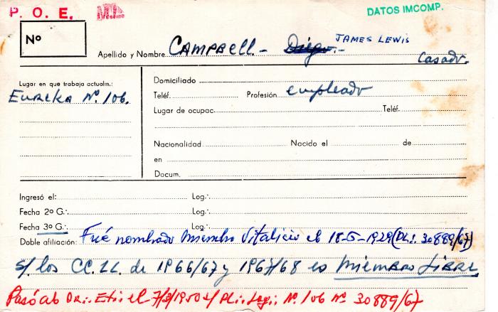 Ficha de miembro de James Lewis Campbell.