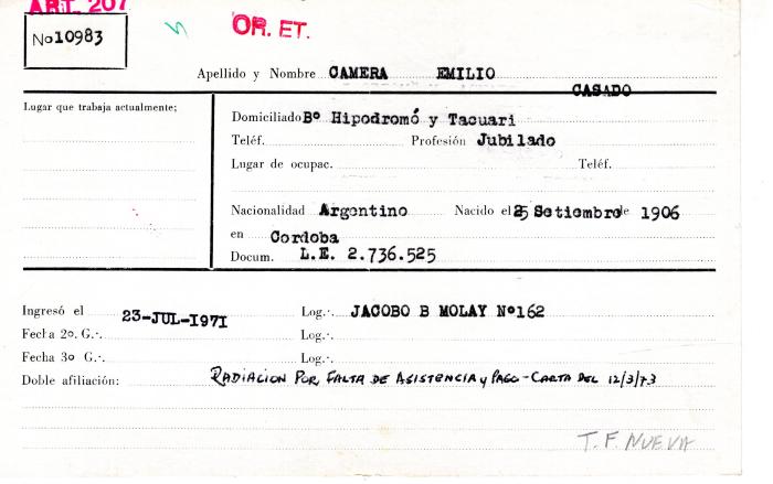 Ficha de miembro de Emilio Camera.