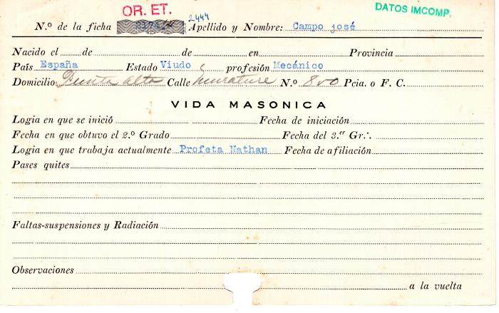 Ficha de miembro de José Campo.