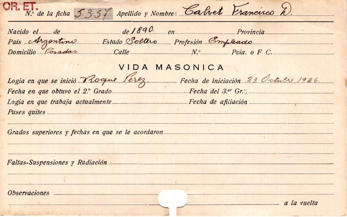 Ficha de miembro de Francisco D. Calvet.