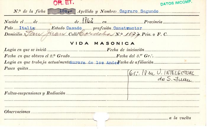 Ficha de miembro de Segundo Capraro.
