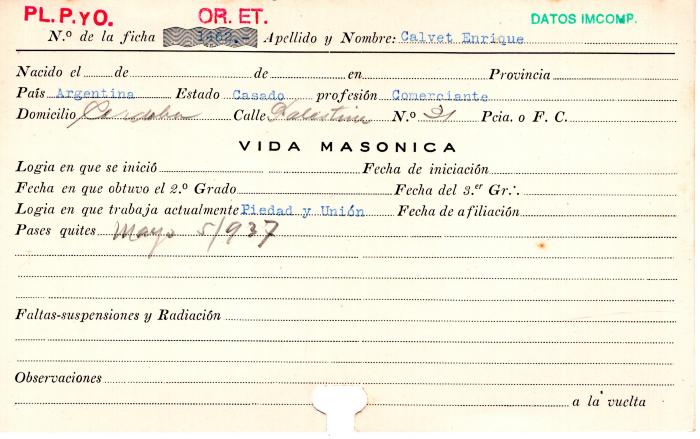 Ficha de miembro de Enrique Calvet.