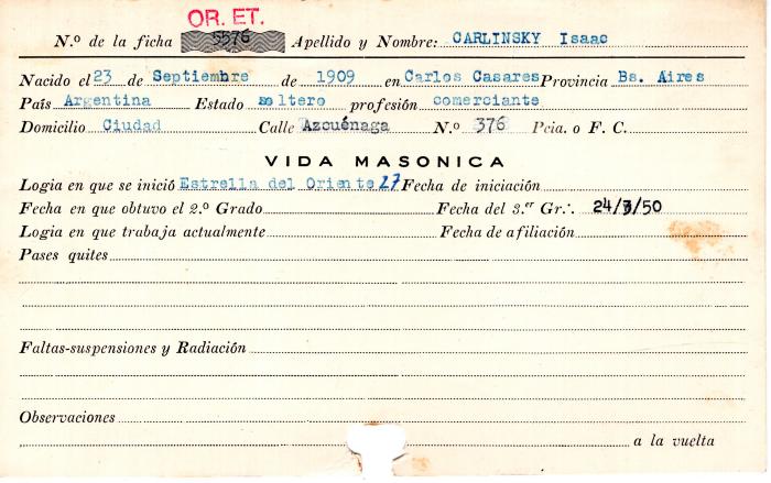 Ficha de miembro de Isaac Carlinsky.