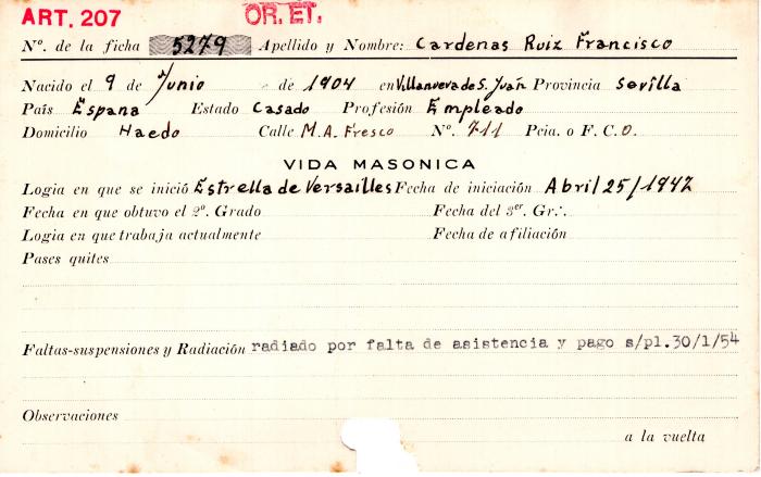 Ficha de miembro de Francisco Cardenas Ruiz.