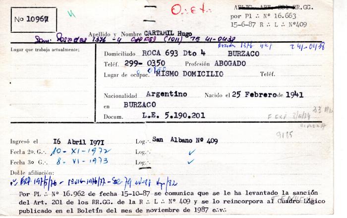 Ficha de miembro de Hugo Cartamil.