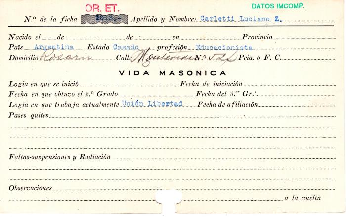 Ficha de miembro de Luciano Z. Carletti.