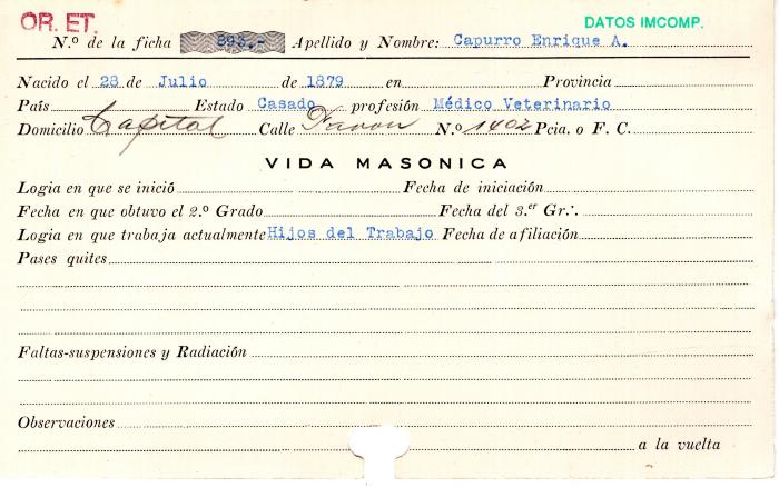 Ficha de miembro de Enrique A. Capurro.
