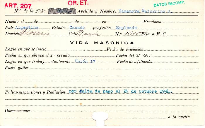 Ficha de miembro de Saturnino J. Casanova.