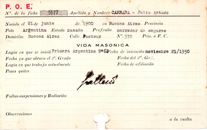 Ficha de miembro de Julio Arturo Carrara.