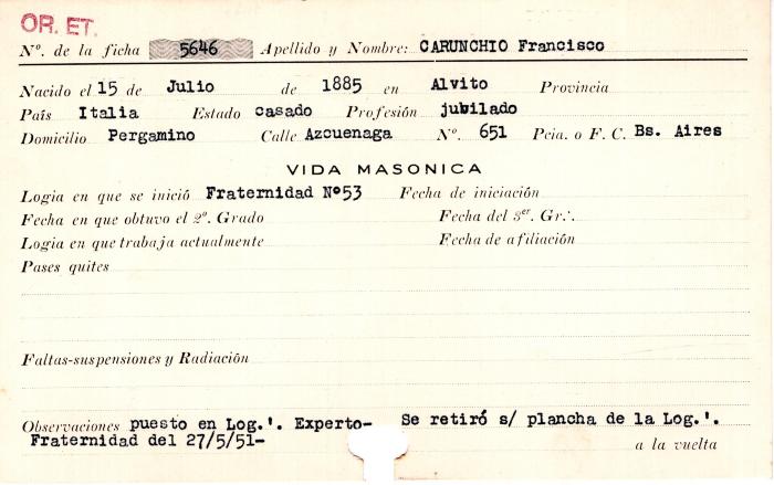 Ficha de miembro de Francisco Carunchio.