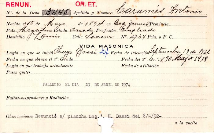 Ficha de miembro de Antonio Caramés.